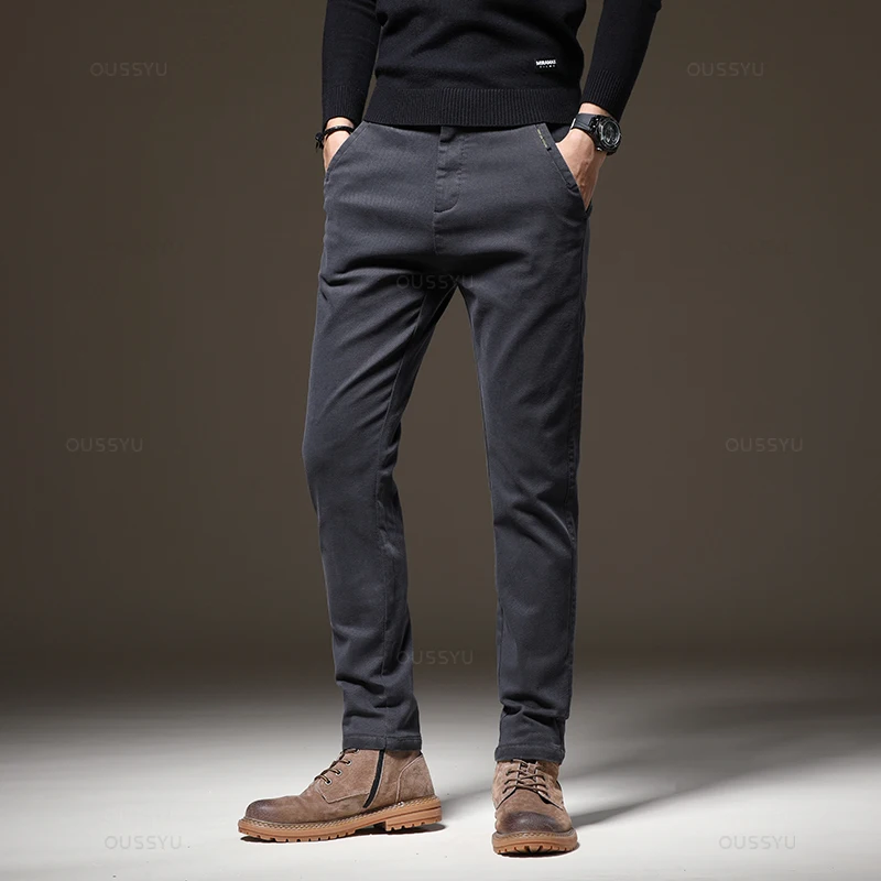 2024 New Winter Fleece Warm Men\'s Casual Pants Cotton Fashion Elastic Waist Twill Work Slim Flocking Thick Cargo Trousers Male