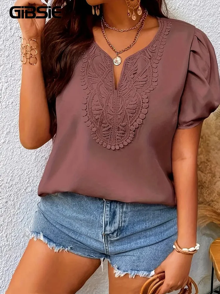 

Женская Свободная блузка GIBSIE, контрастная кружевная блузка с пышными рукавами, однотонная Повседневная Блузка с V-образным вырезом, лето 2024
