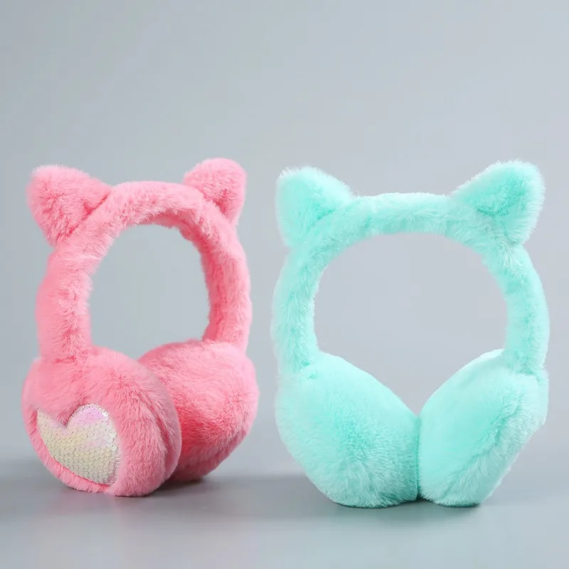 New Cute Women Winter Warm Earmuffs Glitter Sequin Cat Ear Soft Plush Solid Color Love Earmuffs Cold Protection Warm Hot 1PCS