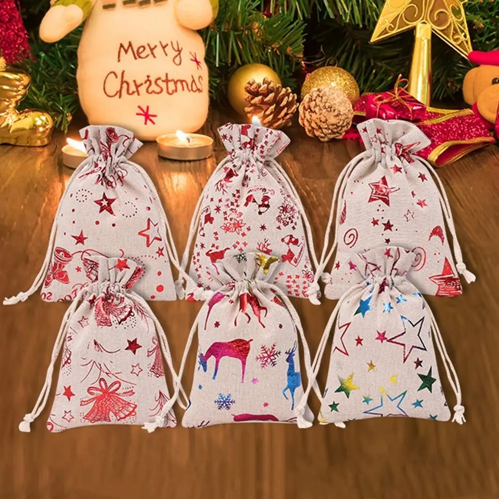 

10Pcs Linen Christmas Candy Cotton Bag Snowflake Santa Claus Christmas Bronzing Gift Bag Elk Hot Gold Christmas Gift Bag