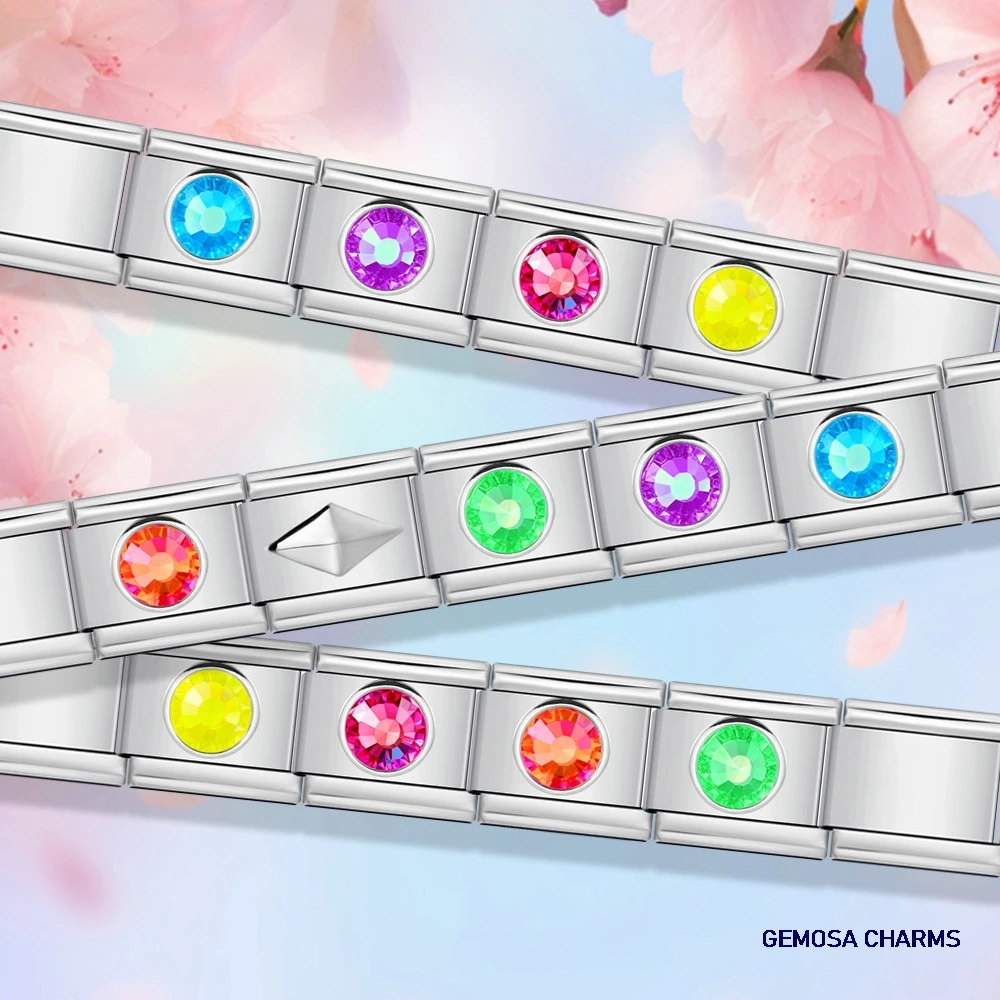 GEMOSA Elastic Charm Italian Link Fit 9mm Edelstahl Schmuck Kreative Regenbogenfarben Fluoreszenz Stein Armbandherstellung DIY