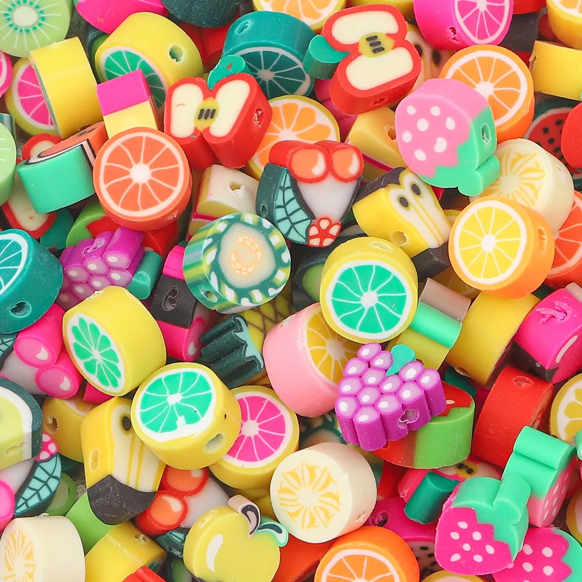 Vibrant 60-Piece Handmade Soft Pottery Beads Set – Mixed Candy & Fruit Shapes