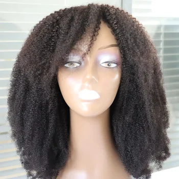 Parrucca riccia lunga per capelli umani 4C Parrucca per capelli vergini brasiliani fatta a macchina Parrucca da cucire con riccioli afro Bang Parrucca per capelli umani per donne nere