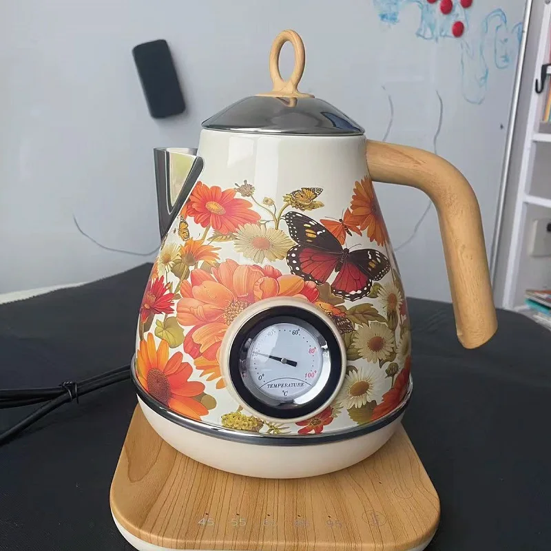 קומקום חשמלי רטרו בנפח 1.7 ליטר עם מד חום אוטומטי לשמירה על חום מים מבושלים בשליטה על טמפרטורת המים 304 נירוסטה תה 1850W