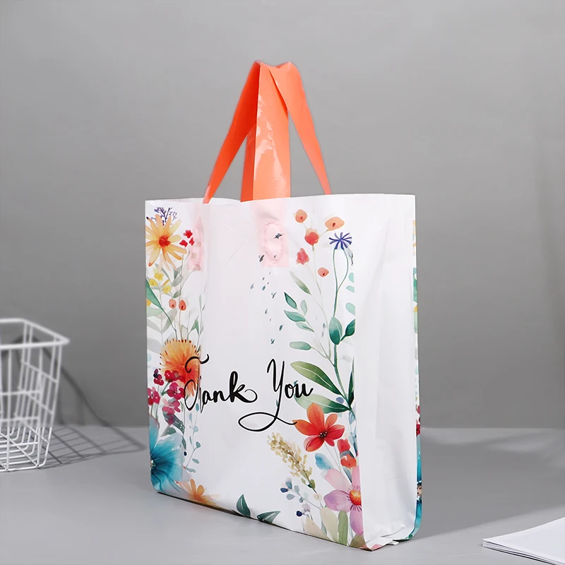 10 Stück Dankeschön-Geschenktüten mit Griffen für Hochzeitsgeschenke, Geburtstagsfeier, Verpackungsbeutel, Kunststoff, Blumenmuster, Dankeschön-Tragetaschen – Detail 4