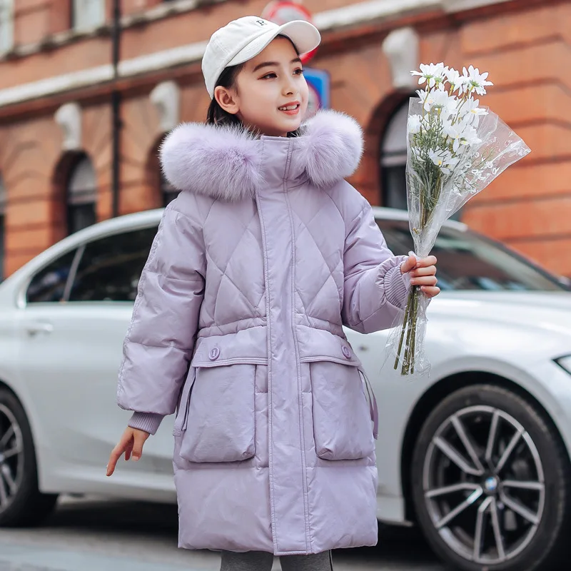 

2023 Winter Kids Girls Down Jacket Argyle Pockets Thick Warm Long Parka Patched Faux Fur Hoodie Solid Children Girls Snowsuit