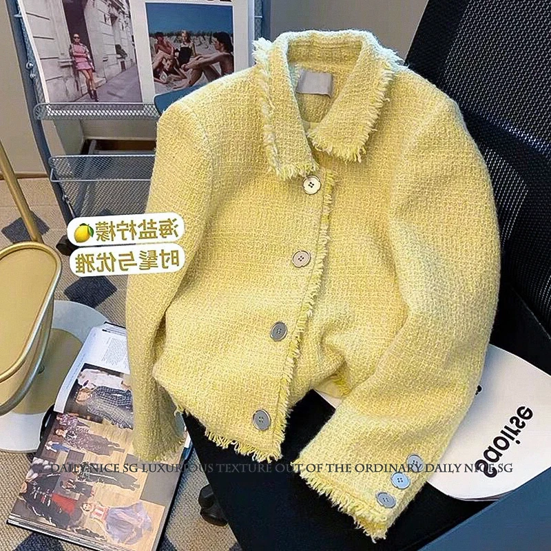 

2023 Fall Spring New Yellow Tweed Women Jacket Coat Short Casaco Feminino Chaquetas Para Mujeres Jaqueta Feminina Abrigo
