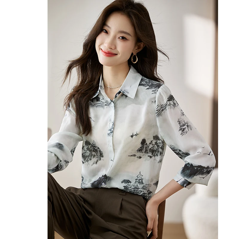 Women Clothing Elegant Chic Blouses 2024 Spring New Style Slimming Ink Painting Shirts Office Lady Fashion Single Breasted Tops