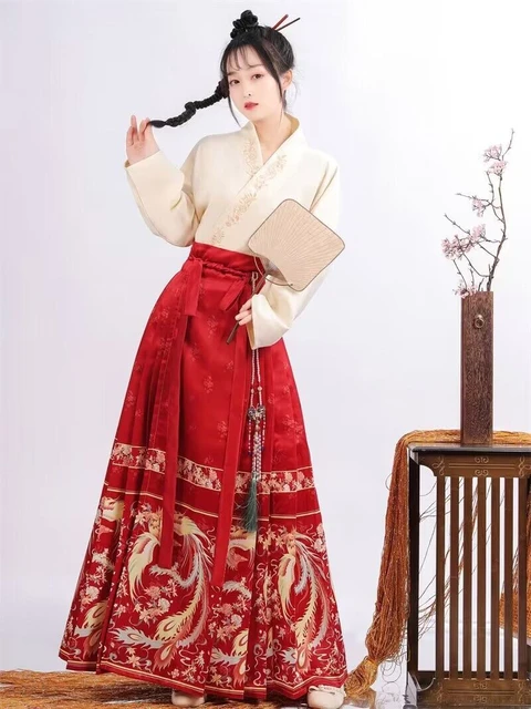 Hanfu - Falda de cara de caballo para mujer, estilo chino tradicional,  vintage, plisados, falda roja, azul, negra, camisa+falda, conjuntos de 2  piezas