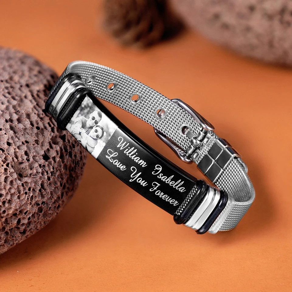 Personalizar Pulseras De Cuero Para Hombr Y Mujer Grabar Nombre Fecha ID Brazalete De Acero Inoxidable Regalo De Joyería - AliExprs