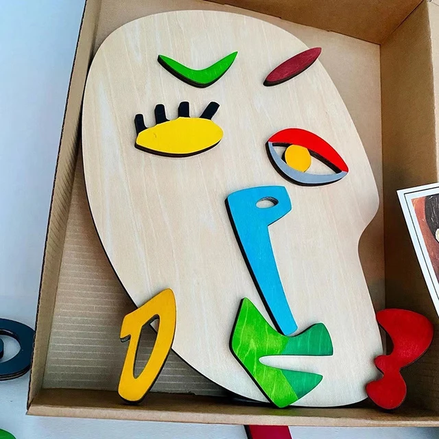 Wooden Montessori Face Puzzles Toys Preschool Early Educational Art Abstract Facial Puzzle Game Art Imagination Develop Toy 1set 2