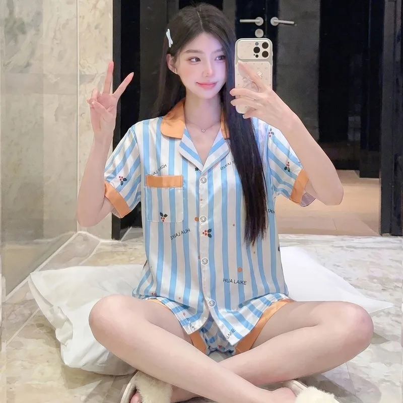 Y2K Style Striped Fashion Pajama Set Women's Button Short Sleeve Sleepwear Cute Cherry Letter Print Loungewear Homewear Casual 2