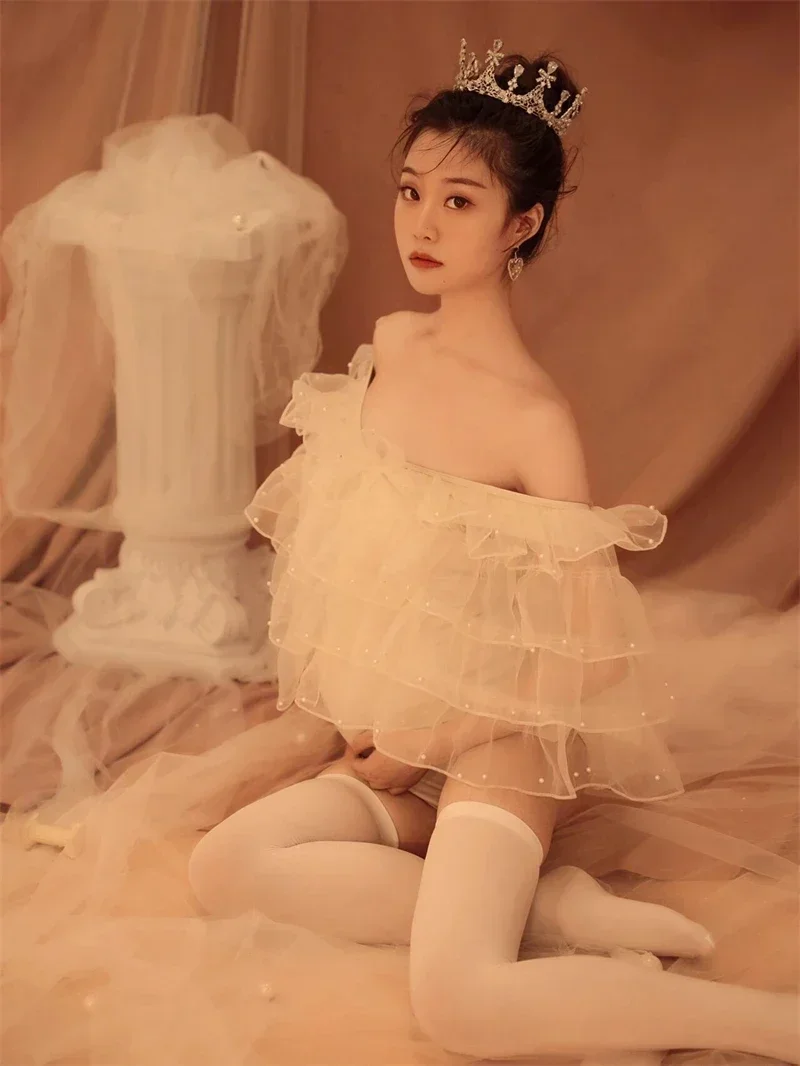 

Women Photography Props Maternity Dresses White Pregnancy Sweet Pearl Mesh Dress Studio Shoots Photoshoot Photo Outfits