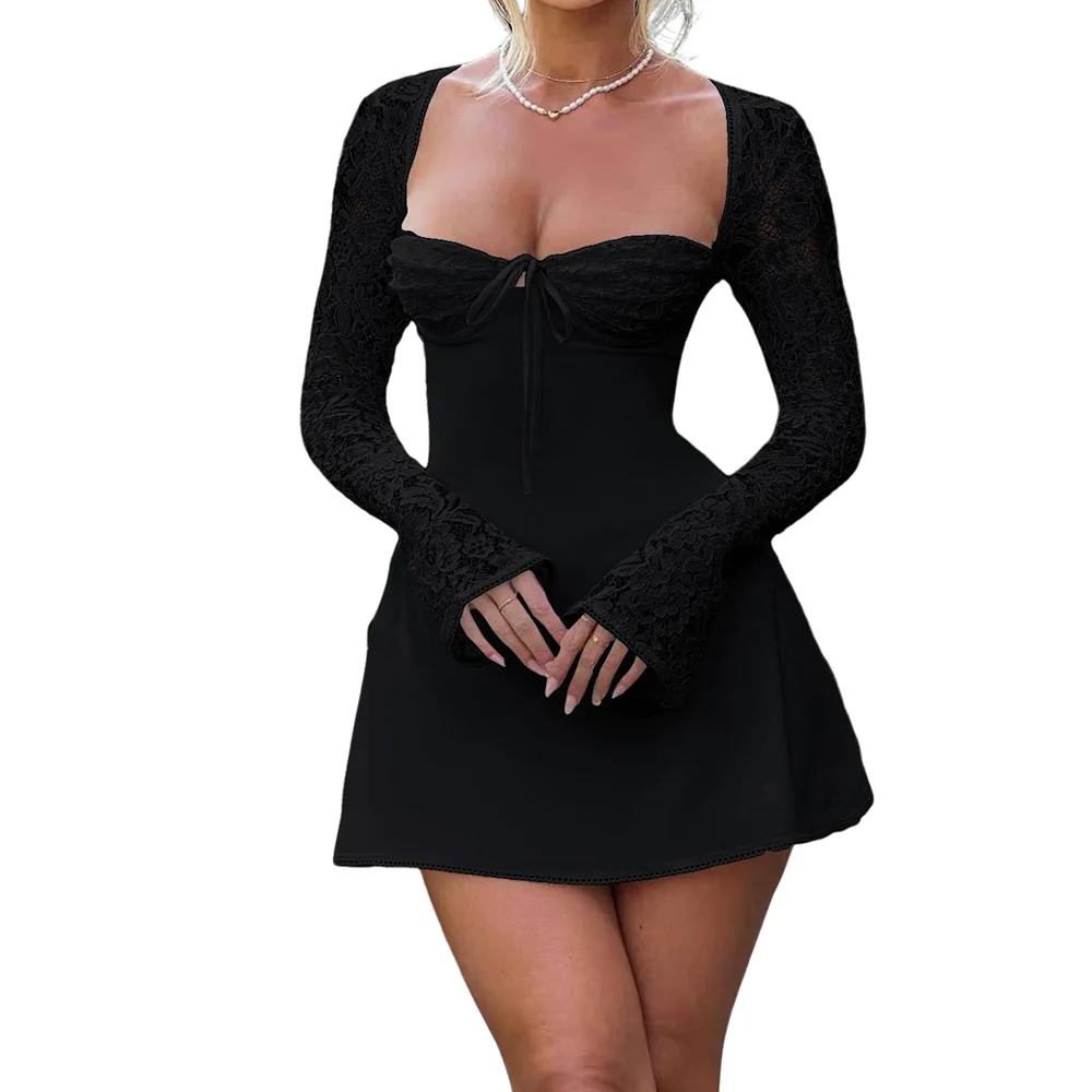 Vestido Casual Vestido Corto Pegado Manga Larga Vestido Ajustado