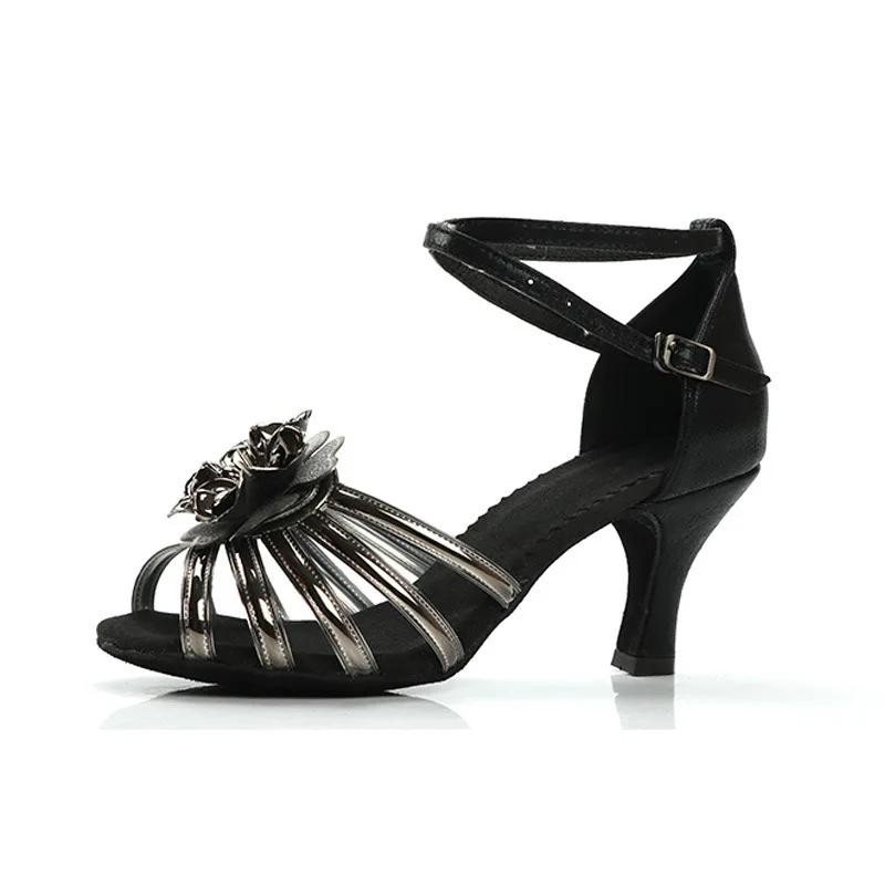 

New Women Beautiful Flower Latin Dance Shoes Ladies Soft Suede Sole Ballroom Tango Jazz Dancing Sandals 7cm High Heel 3 Colours