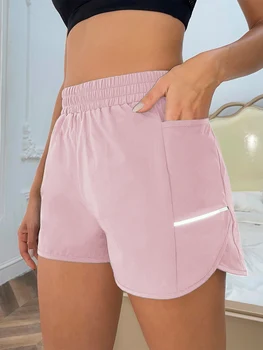 Women's new shorts with mobile phone pocket, elastic waist, sports belt, reflective strips, casual fashion sports shorts 1