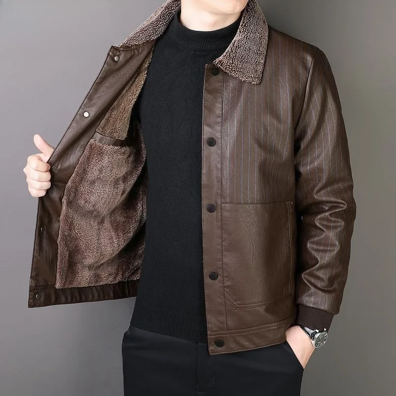 Business Casual Male Leather Coat Winter Men Fleece-Lined Thicken Fashion Lapel Leather Jacket Loose Large Size Short Outwear