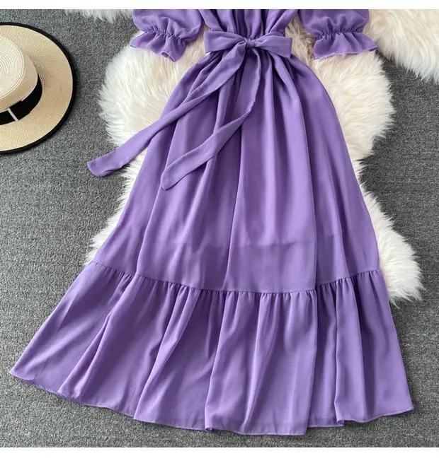 Beach Dress Women Sexy Off The Shoulder Slash Beach Chiffon Dresses Ladies Elegant A Line Bandage Party Dress Long Robe