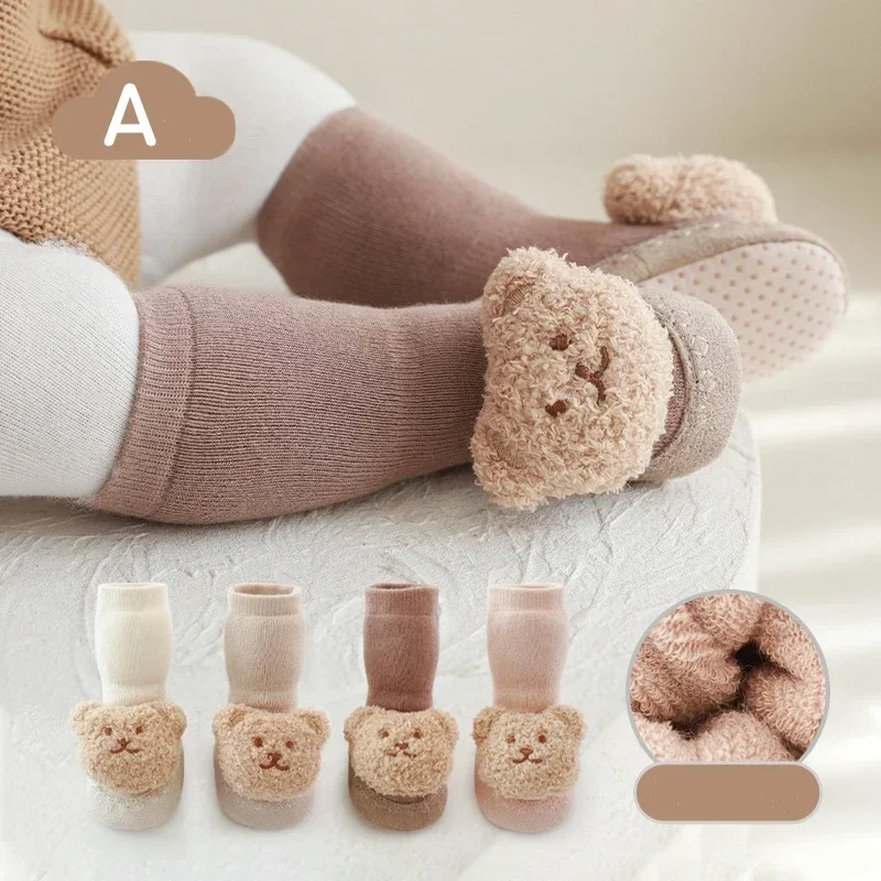 1 Pair Infant Baby Sock Shoes Warm Autumn Winter Newborn Non-slip Floor Shoes Kawaii Cartoon Bear Doll Toddler Indoor Shoes