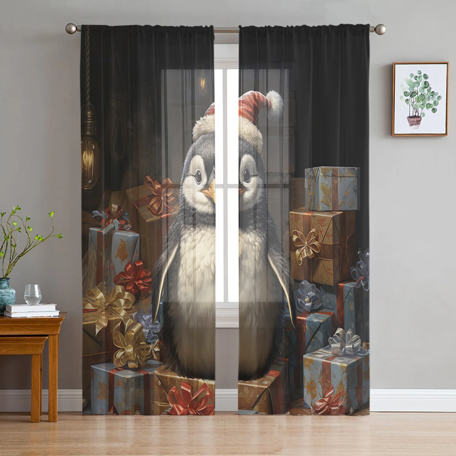 

Christmas Oil Painting Gift Penguin Window Tulle Curtains for Living Room Kitchen Christmas Home Decor Sheer Voile Curtains