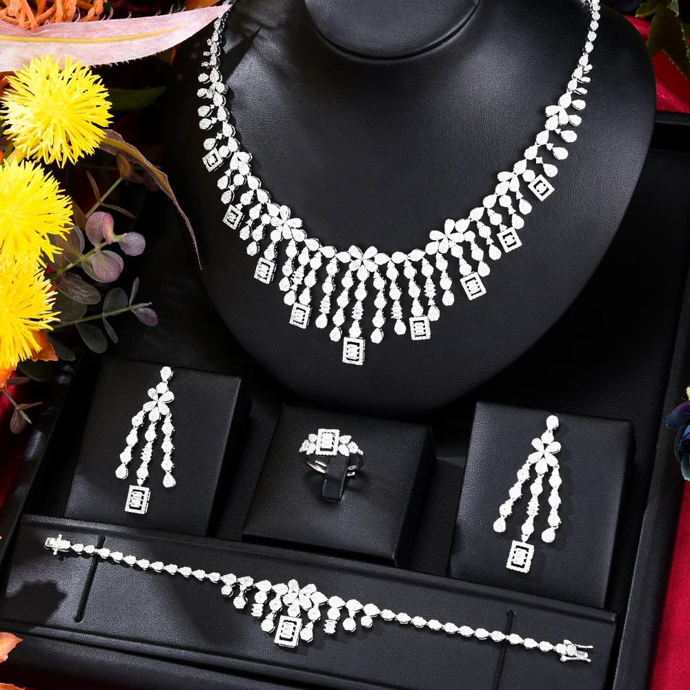 

Kellybola Luxury New Necklace Earrings Bracelet Rings Jewelry Sets 4PCS For Women Indian Nigerian Wedding Jewelery Set Gift New