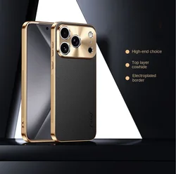 Premium Cowhide Lychee Texture Electroplated Frame Case with Lens Protection - iPhone 15 (Black)