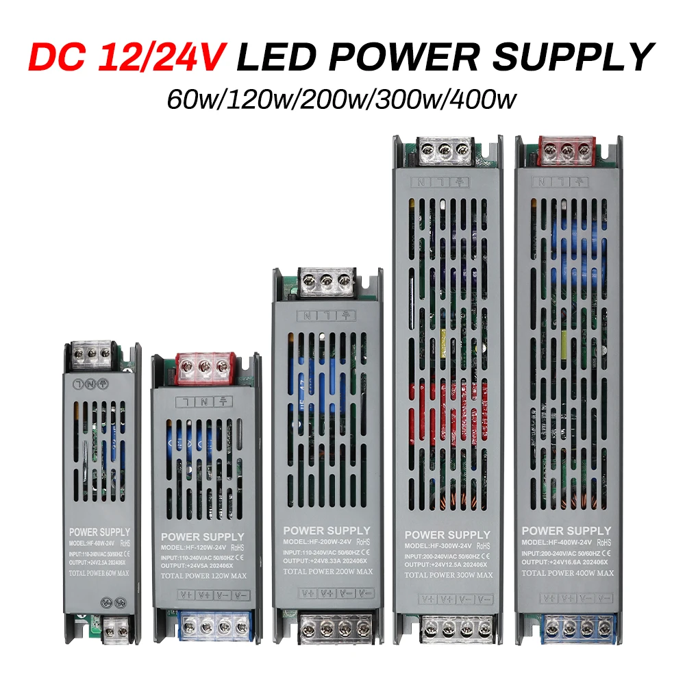 Ultra-thin LED Transformer Power Supply DC 12V 24V 60W 120W 200W 300W 400W AC110-240V LED Driver PSU For LED Strips Lighting