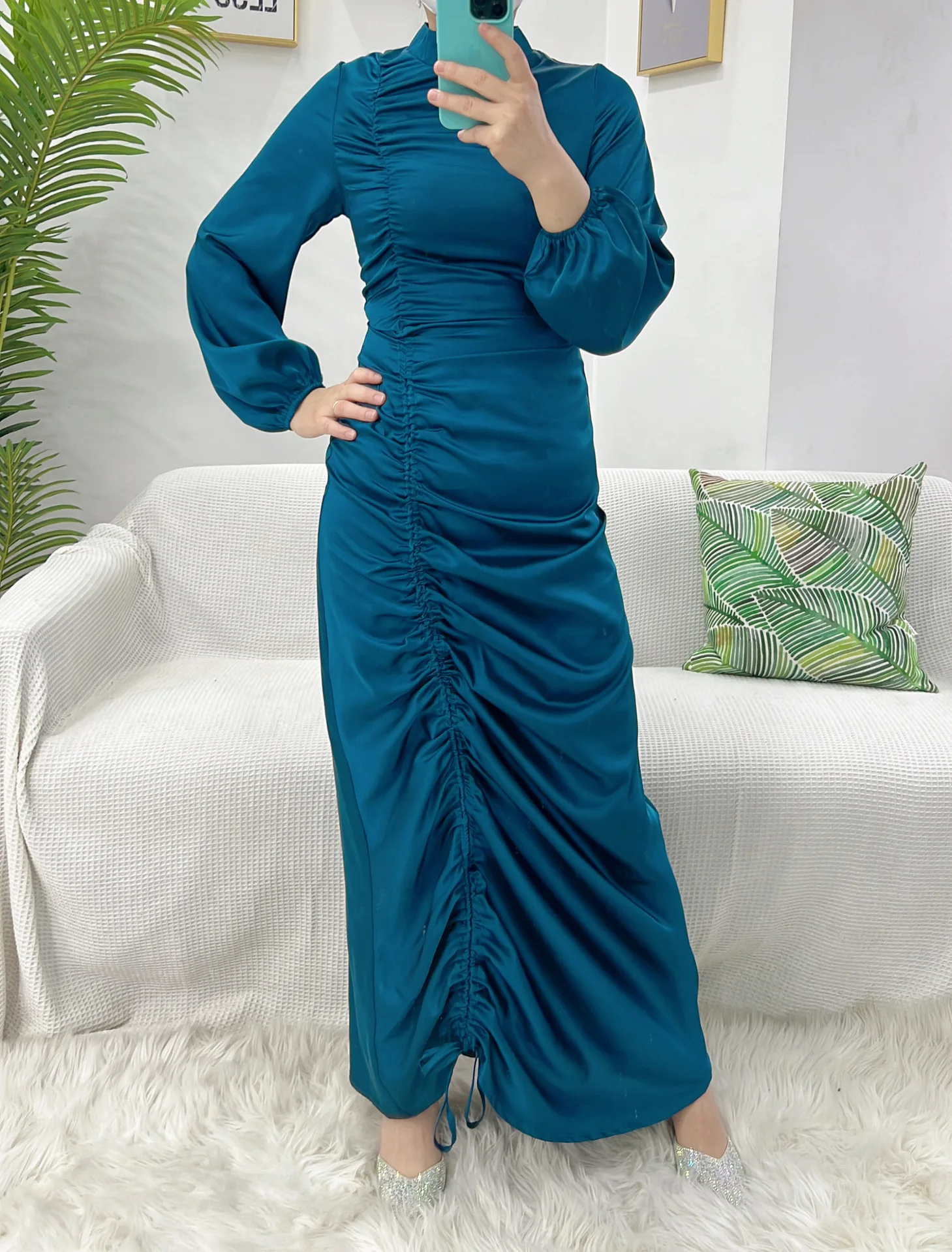Fashion Muslim Satin Abaya Dress Dubai Hijab Maxi Dresses For Women Elegant  Party African Islamic Clothing Moroccan Kaft size M Color Coffee