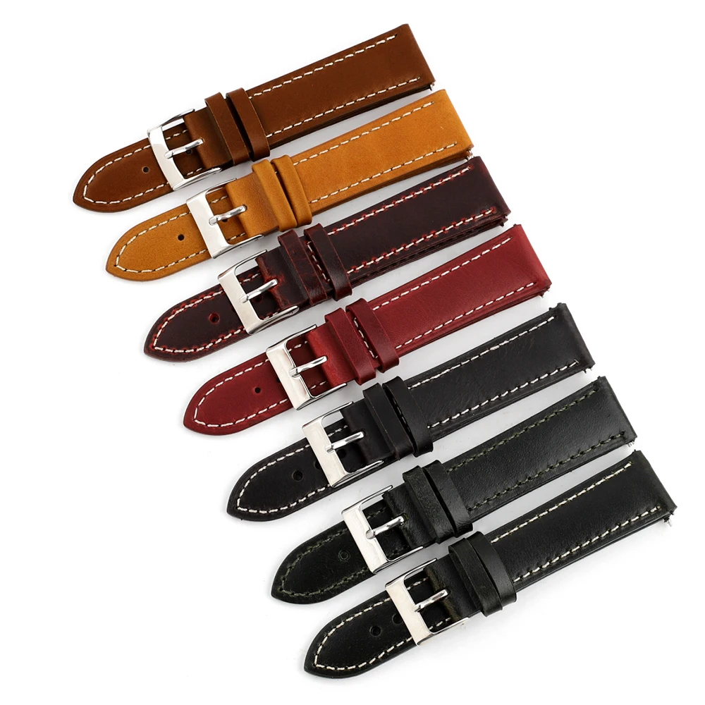 

Oil Wax Genuine Leather Watch Straps 16mm 18mm 19mm 20mm 21mm 22mm 24mm Cowhide Watchbands Retro Bracelet Handmade Wristband