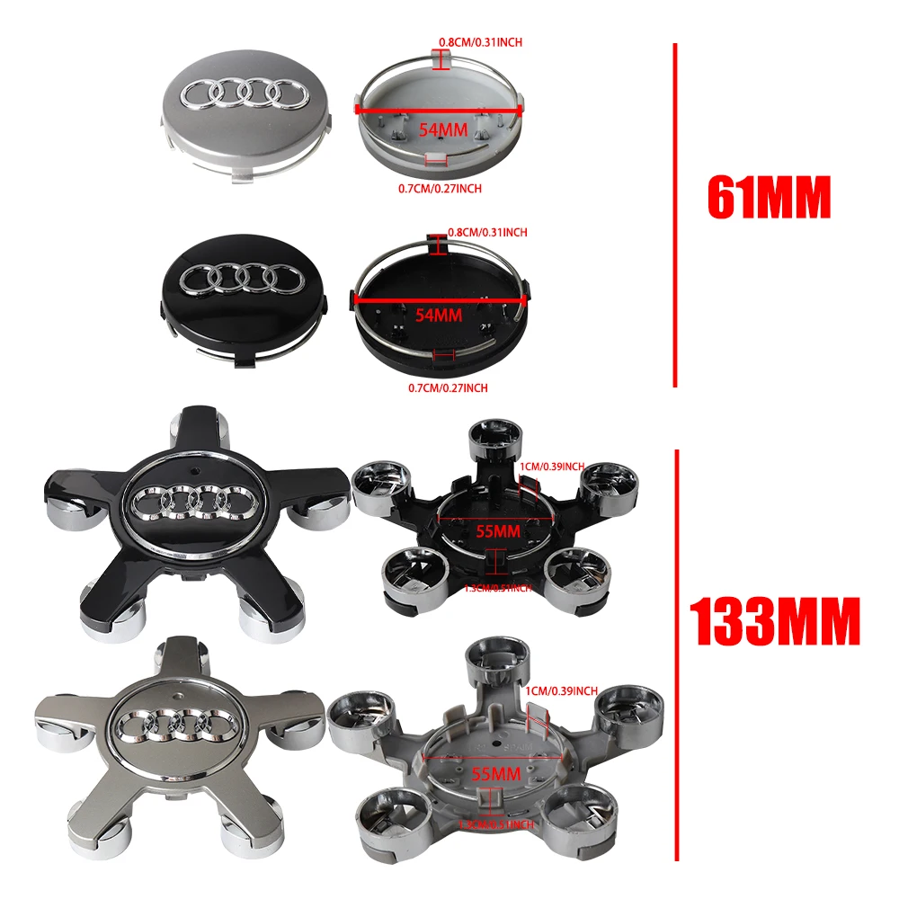 Premium Car Wheel Center Cap Hub Covers - Set of 4, 61/133mm, Reflective Badge Design