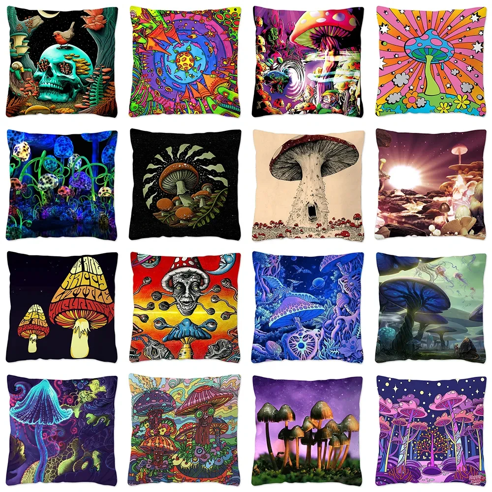 

Psychedelic Mushroom Printed Cushion Cover Sofa Car Pillowcase Double Sided Vintage Gothic Polyester Pillow Case for Home DF760