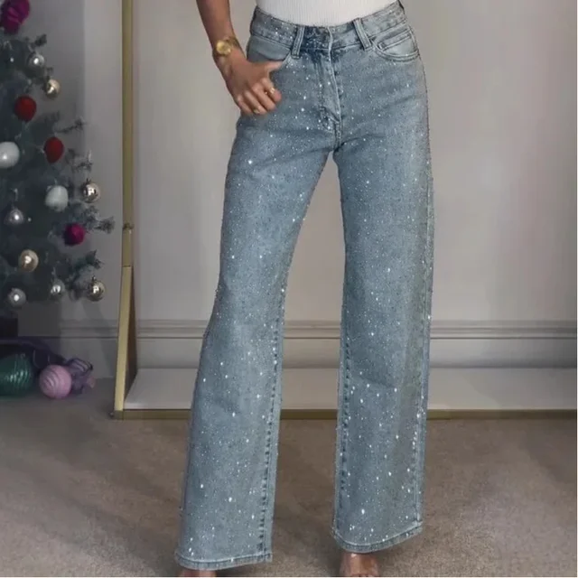 Jeans for Women Straight Diamonds Pants Stretch High Waist Washed Mom Jeans Vintage Denims Streetwear Y2k Streetwear Trousers 1