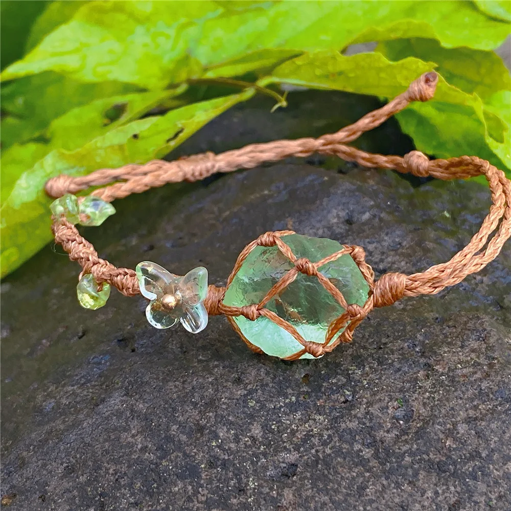 Kristall Erz Fluorit Rohstein gewebt Mesh Tasche Armband Halskette handgewebt Rattan Wald Serie Armband Geschenk Brautjungfer Geschenk – Detail 6