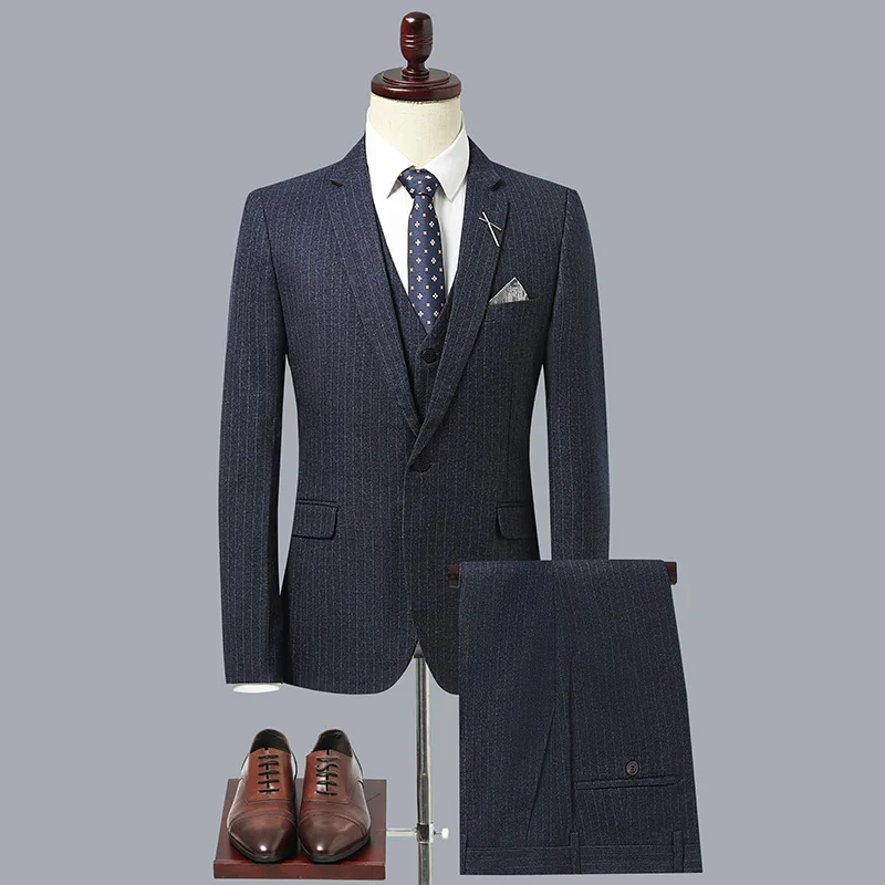 

Autumn and Winter High-end Wedding Suit (suit + Vest + Trousers) 3/2 Piece Set of Casual Business British Slim-fit Stripe Blaze