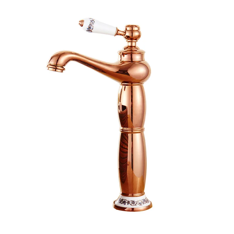 

Hot and cold European faucet All copper bathroom heightened blue and white porcelain countertop basin Gold-plated rose gold