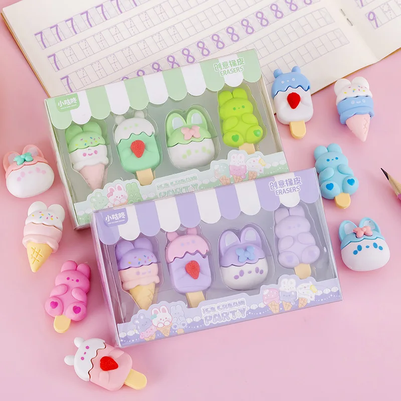 2 set/lot Cartoon Animals Shaped ICe Cream Rubber Eraser pencil eraser plasticine eraser biscuit eraser kneadable eraser retractable eraser School Supplies Stationery Kids Students Cool Prizes