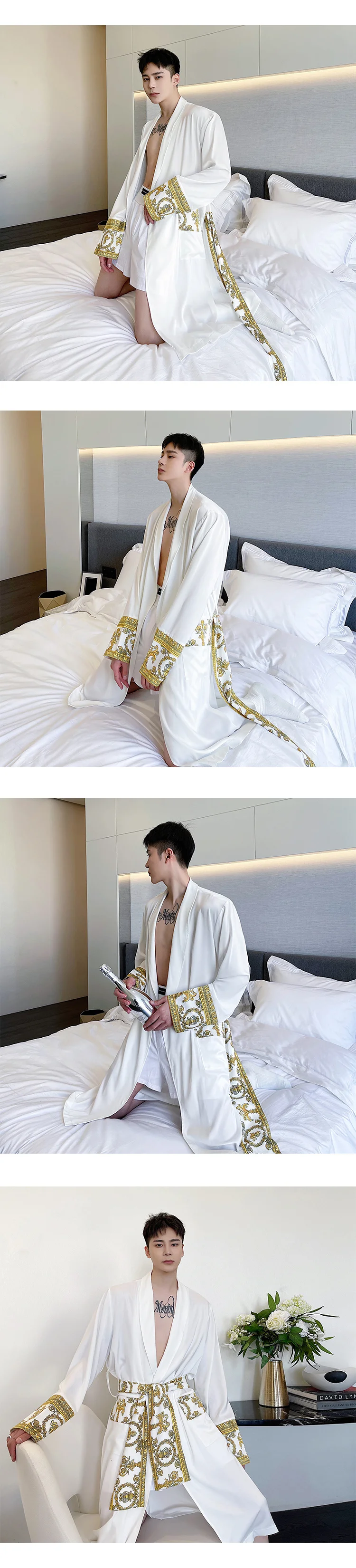 Luxury New Light Black Gold Printing Trend Robe Wearing Windbreaker Palace Fashion Home Long Men Jacket Men Trench Coat White best silk pajamas