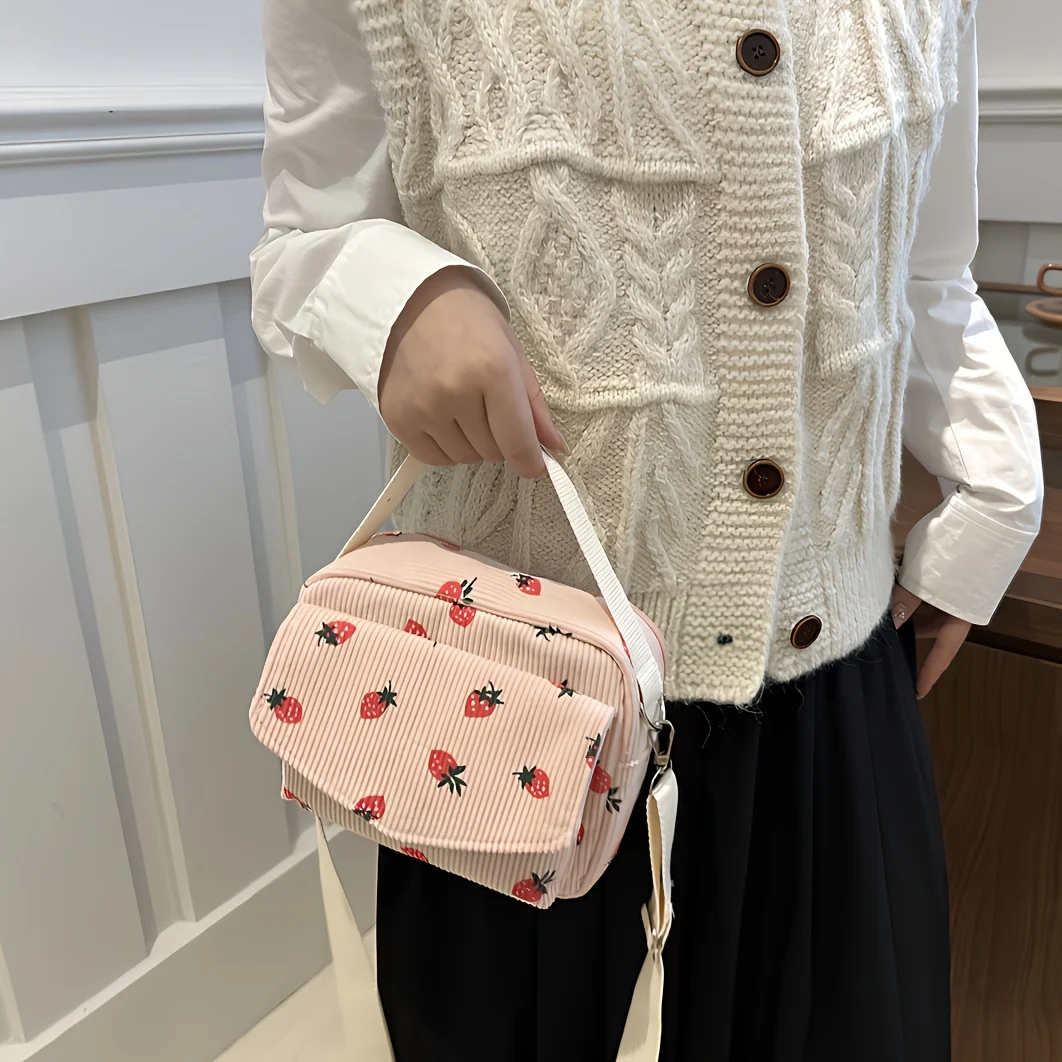 Cute Strawberry Print Corduroy Crossbody Bag, Versatile Small Shoulder Purse, Perfect for Daily Use Work Casual Travel Outings