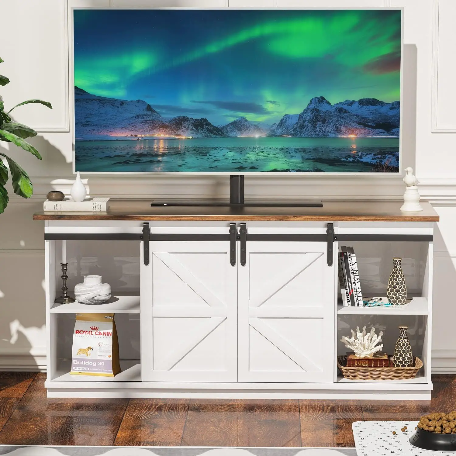 Farmhouse TV Stand for Televisions up to 65 Inches, Sliding Barn Doors and Storage Cabinets, Console Table and Media Furniture