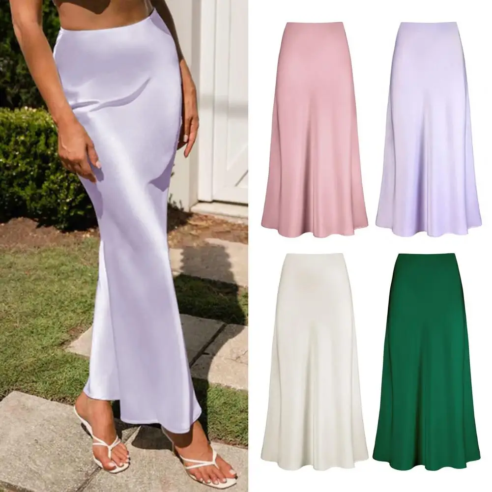 

Women Fishtail Skirt Elegant A-line Midi Skirt for Women High Waist Hem Smooth Satin Workwear or Formal Attire A-line Skirt