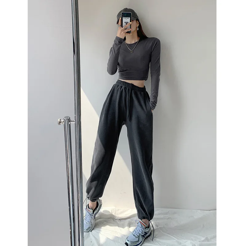 Fall Winter Plus Velvet Gray High Waist Straight-leg Pants Y2k Trouser Women's Loose Sports Pants Casual Solid Leggings Pants