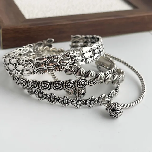 100% Solid 925 Sterling Silver Retro Bracelet for Women Men Vintage Handmade Flower Patern Bracelet Birthday Gift 2