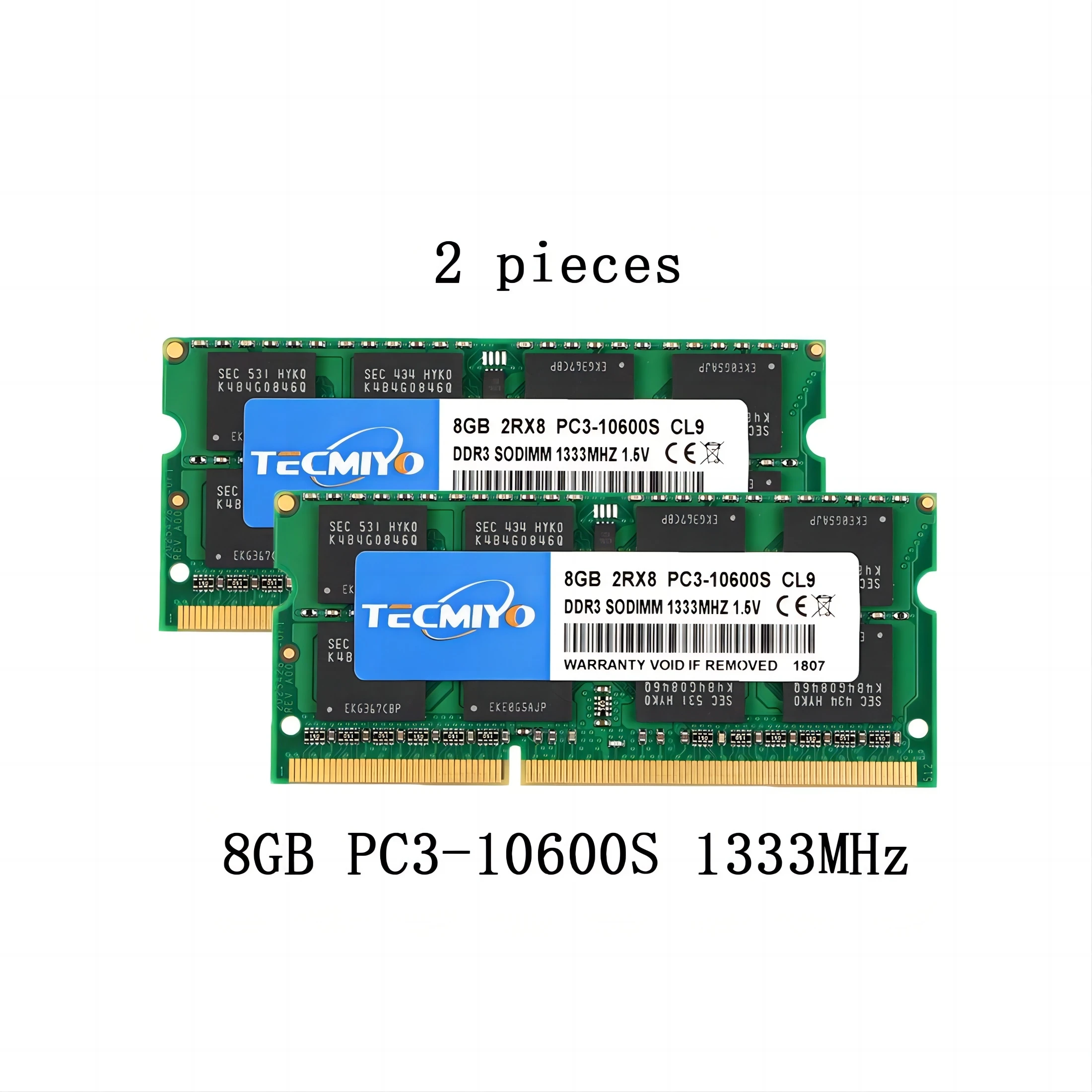 

TECMIYO 2X8GB DDR3 1333MHz SODIMM Laptop Memory RAM 1.5V PC3-10600S Non-ECC - Green