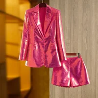 Brand New Unique Party Style Bling Sequins Cloth Suit Single Button Blazer Shorts Fushcia Color Lady 2PCs