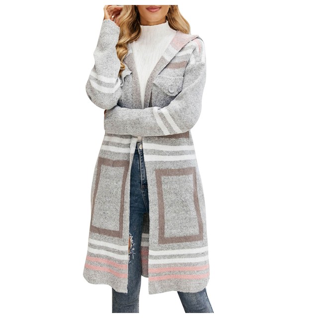 Women's Fashion Autumn/winter Style  Striped Hooded Long Sleeve Knit Cardigan Coat Thick Coat Mid-length Warm Basic Overcoats