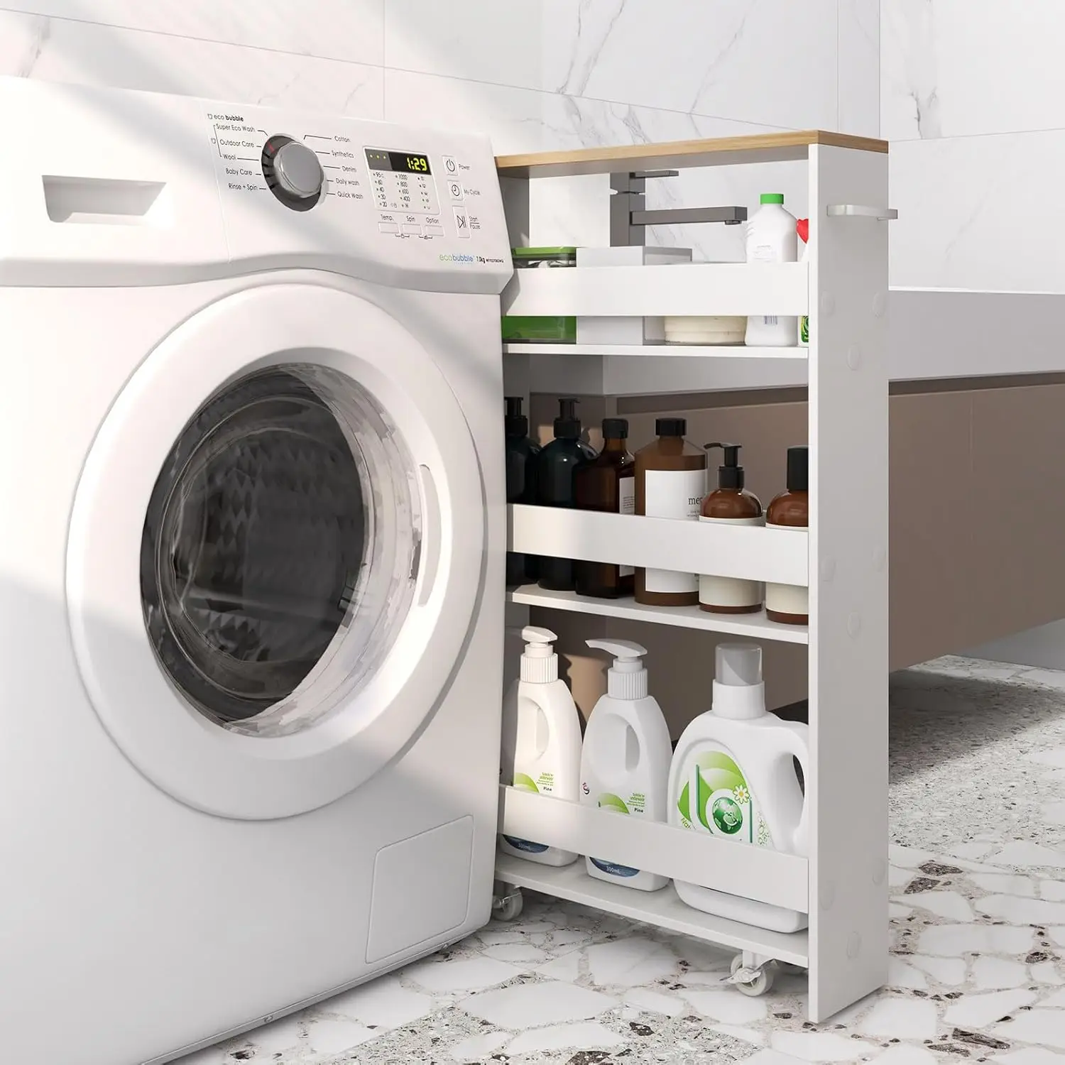 on Wheels Next to Fridge, Laundry Room Cart Between Washer and Dryer, Narrow Kitchen Cart for Small Spaces (White & Natural) 3