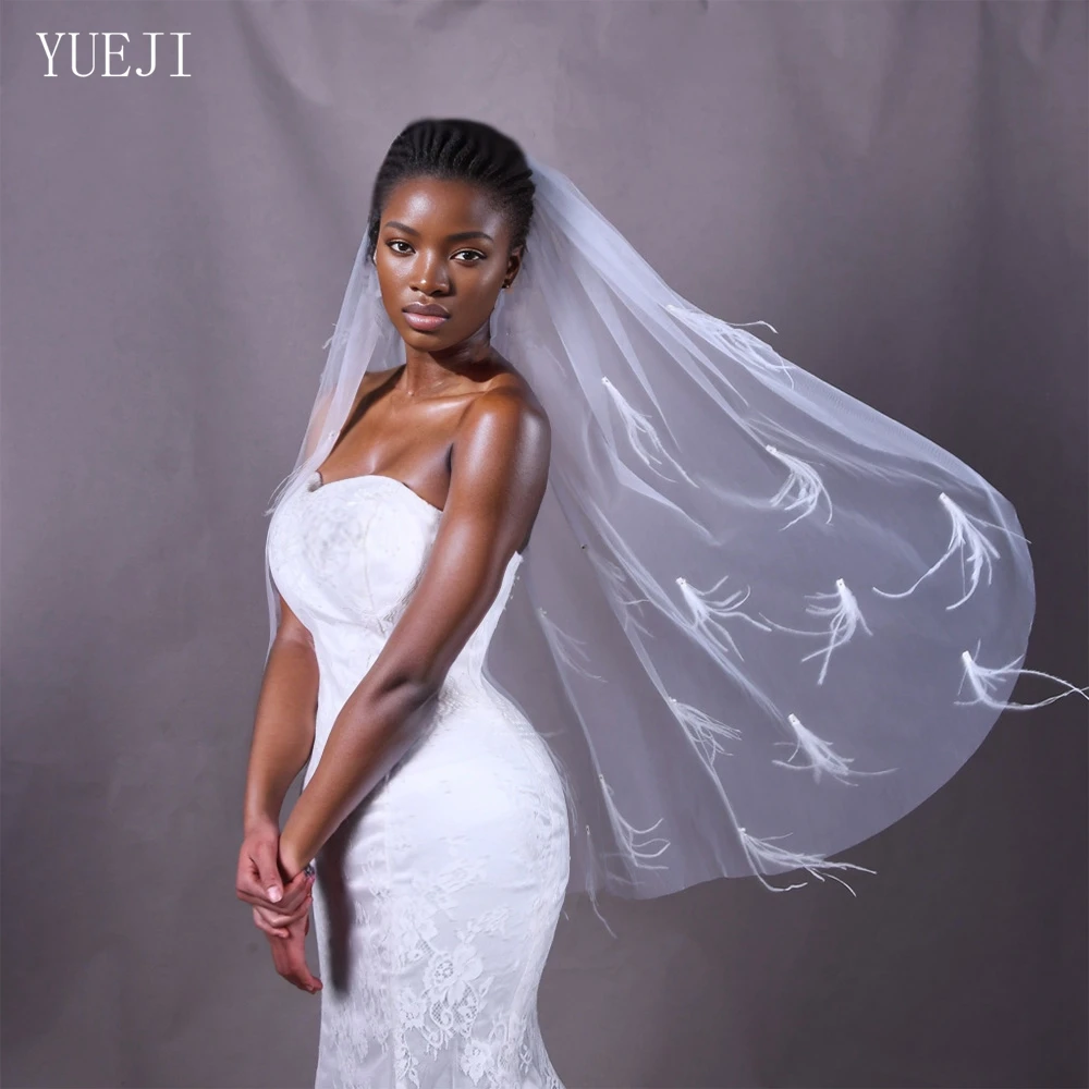 

YUEJI Elegant Bridal Feather Beaded Veil Single Layer White Ivory Veil Elegant Fingertip Original Ideas Wedding With Comb YJ195