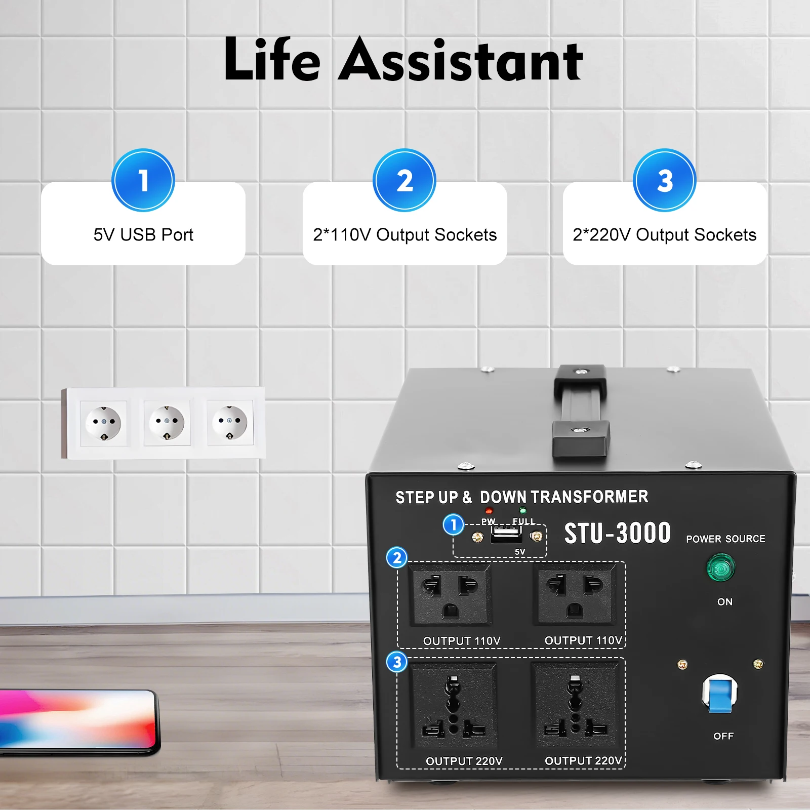 3000W Voltage Converter with Plug STU-3000 Voltage Converter Transformer Input Voltage Selector 110V / 200V / 220V / 240V Black