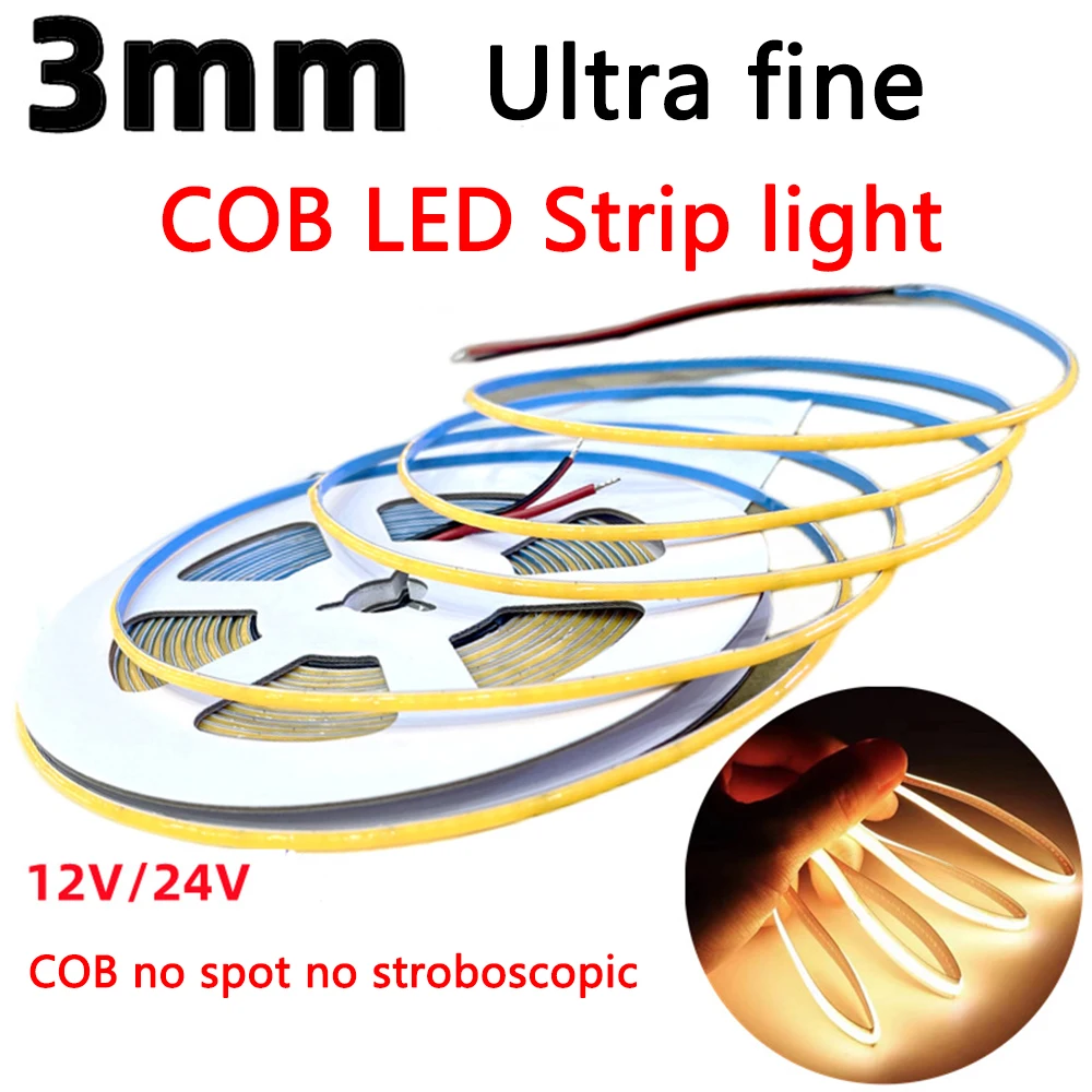 3mm Ultra Thin FOB COB LED Strip Light 12V 24V 384LEDs/M High Density Narrow Soft Flexible Tape For Room Decor Lights House Lamp