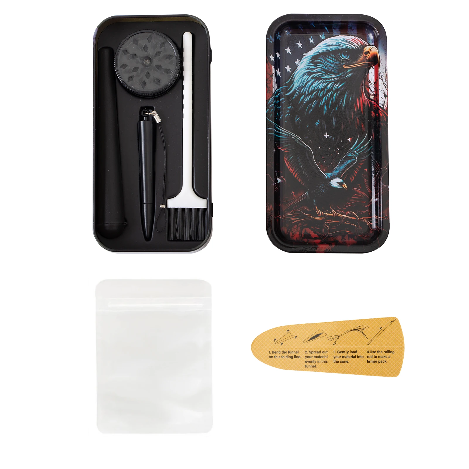 

Smoking Tools Set Plastic Herb Crusher Tinplate Box Cone Maker Plastic Tube Folding Funel Smell Proof Bag Cleaning Brush